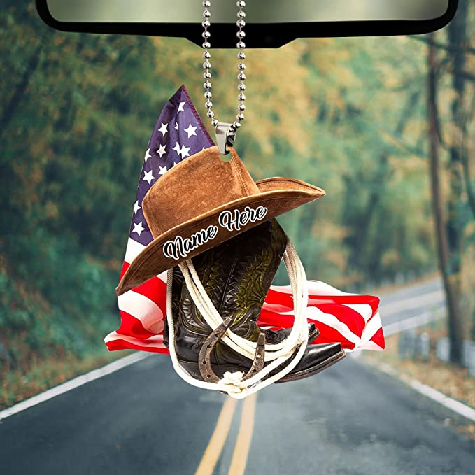 Personalized U.S Cowboy Hats And Boots Two-Sides Shaped Acrylic Ornament For Car/ Car Hanging Ornaments