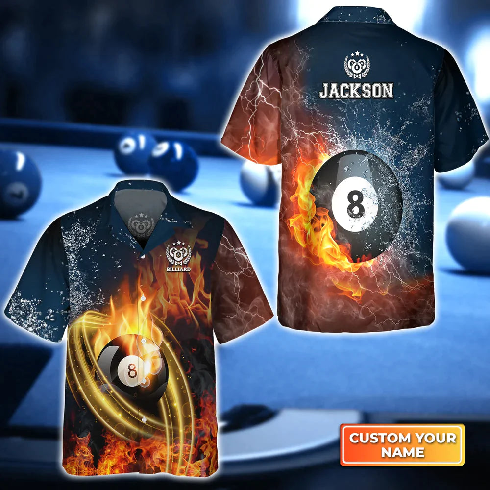 8 Ball Billiard On Fire Personalized Name 3D Hawaiian Shirt/ Gift For Billiard Players