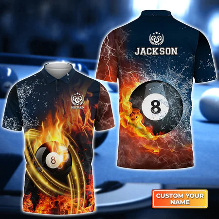 8 Ball Billiard On Fire Personalized Name 3D Polo Shirt/ Gift For Billiard Players