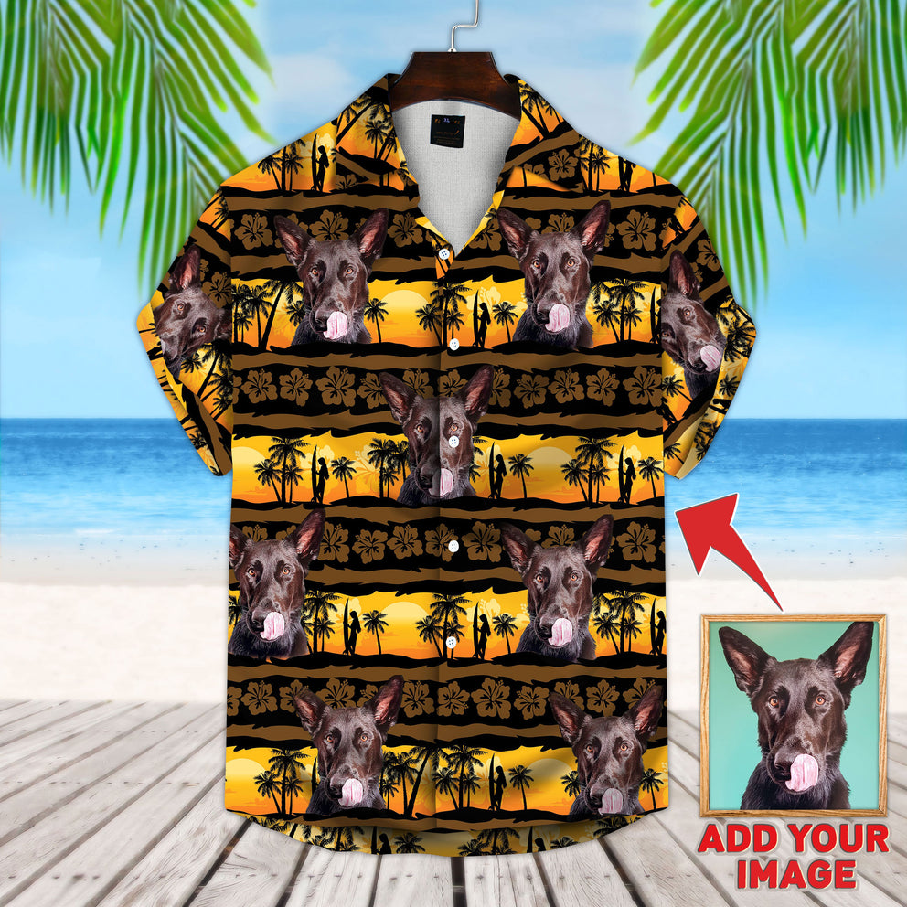 Custom Sunset & Palm Tree Pattern Short-Sleeve Hawaiian Shirt/ Gift for Men Women/ Dog Lover Shirt