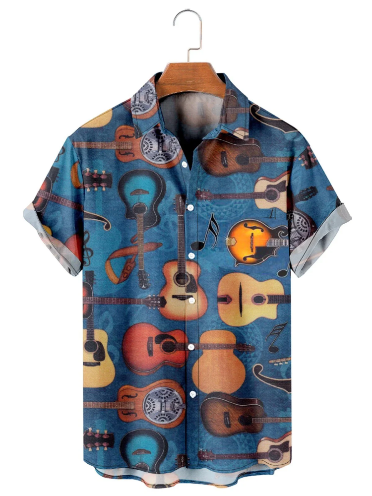 Men''S Vintage Guitar Print Short Sleeve Shirt Hawaiian Shirt for men/ guitar aloha shirt/ Gift for Guitar lover