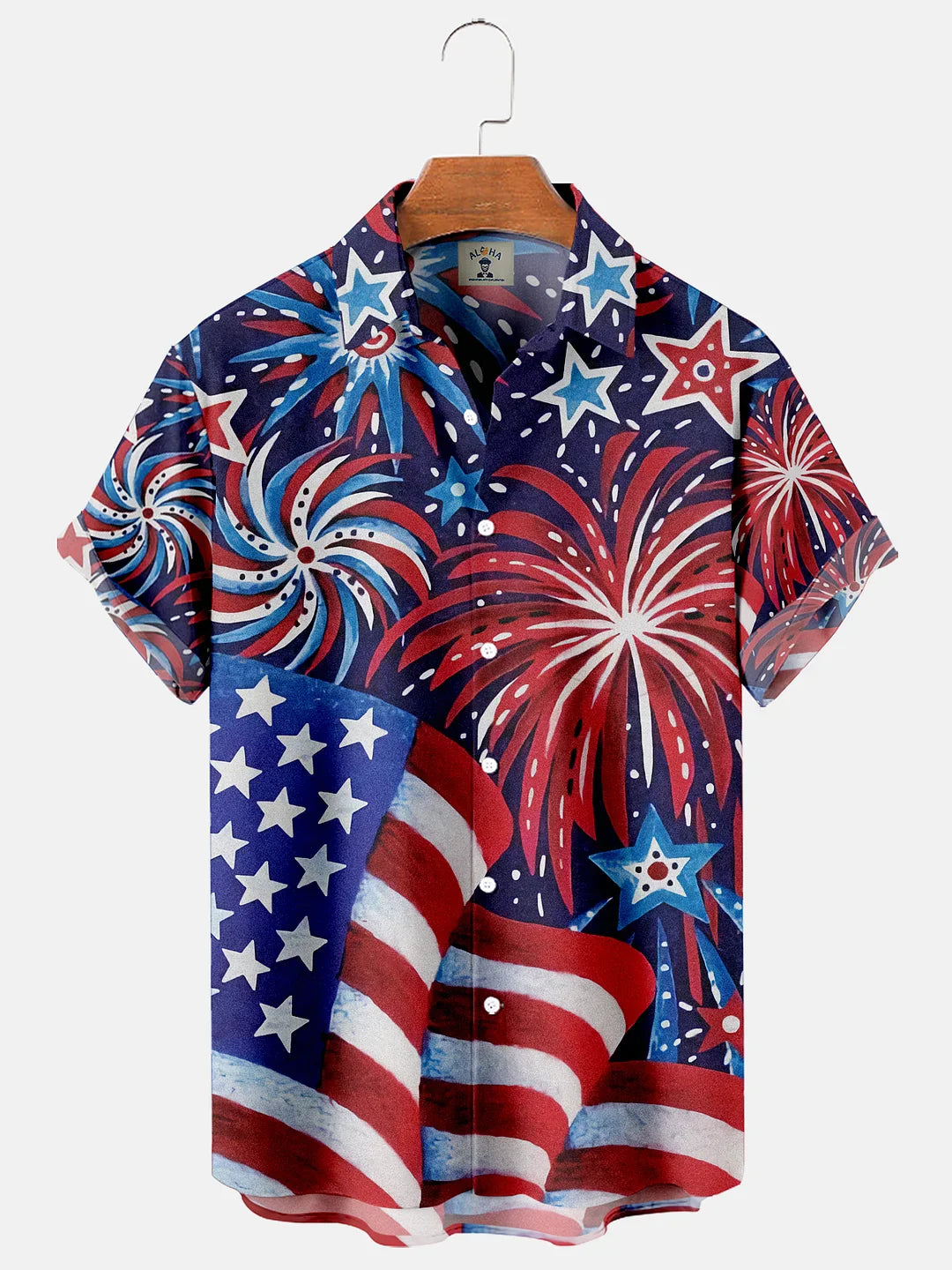 Vintage American Flag Fireworks Pocket Short Sleeve Shirt/ 4th Of July Hawaiian Shirt for men