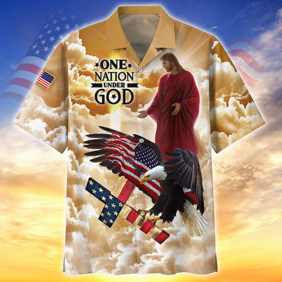 One Nation Under God 3D Full Printed Hawaiian Shirt For Summer/ Patriotic 4Th Of Jul Hawaii Aloha Beach Shirt