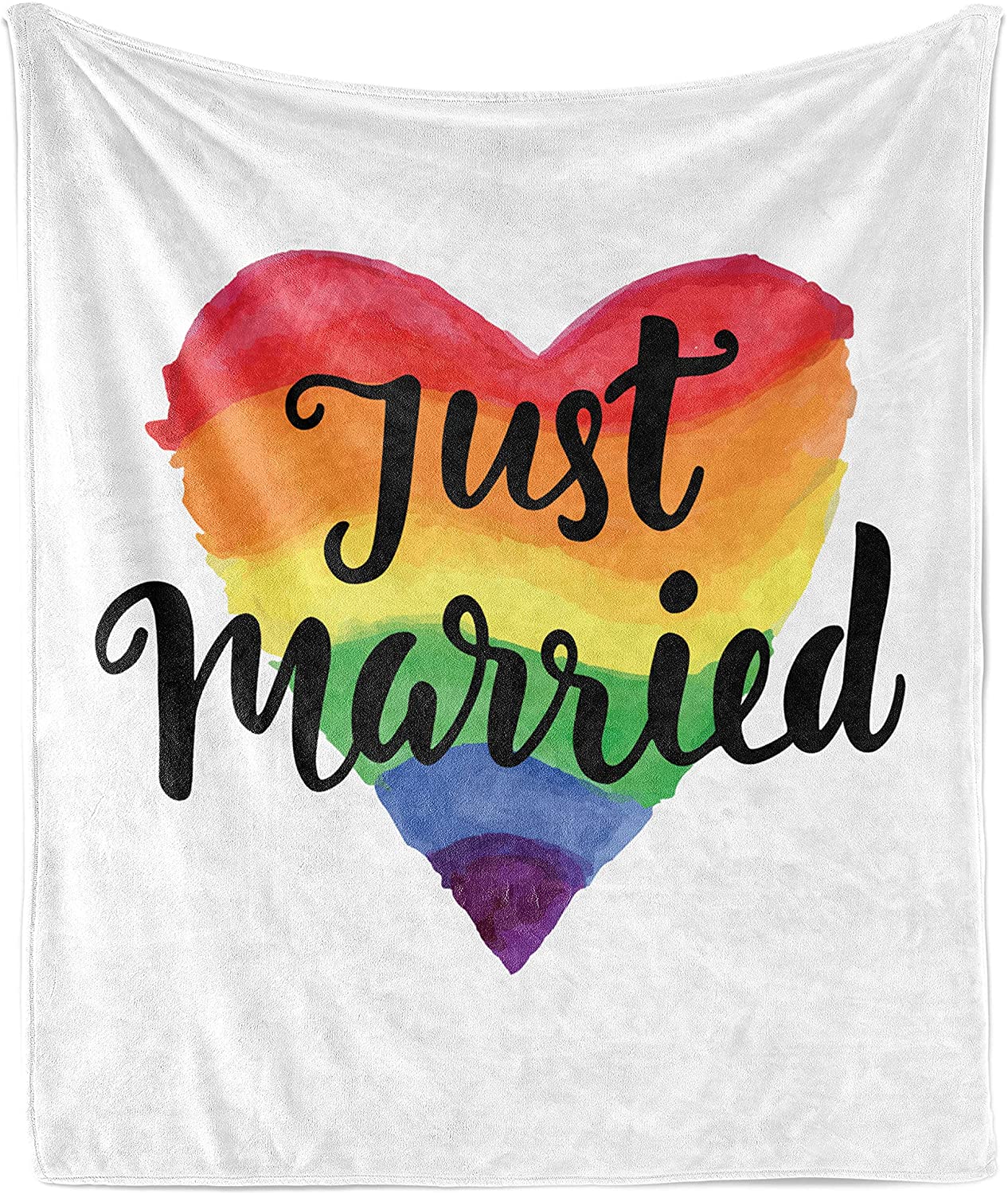 Just Married Throw Blanket For Lgbt/ Just Married Watercolor Style Rainbow Heart Gay Rights Flannel Fleece Blanket