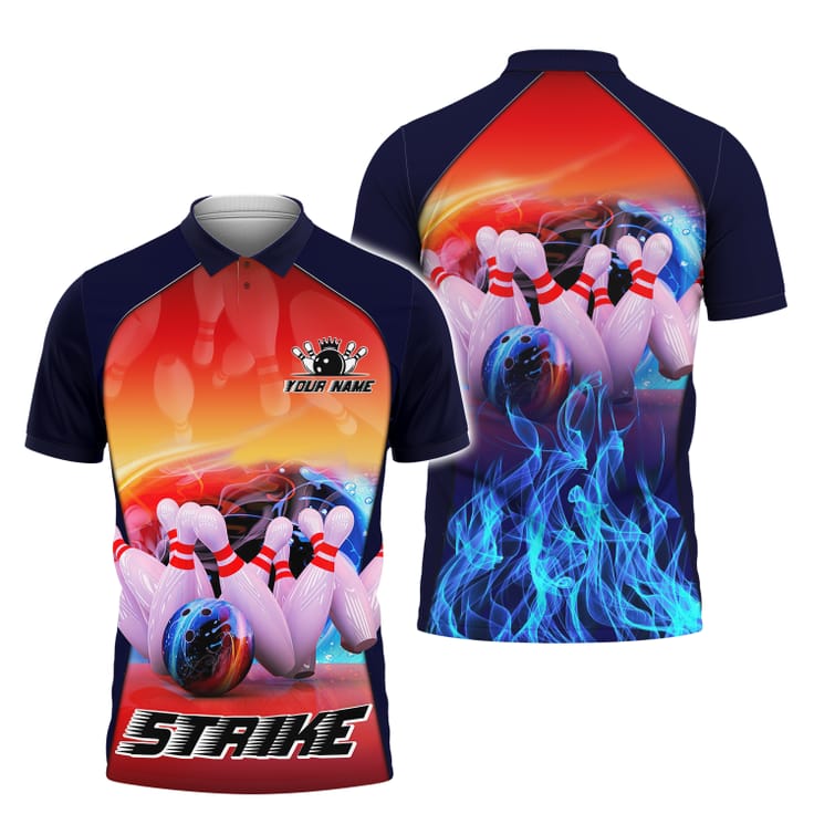 Personalized Bowling Strike On Fire 3D Polo Shirt/ Custom Name Bowling Shirt For Men/ Bowling Polo Shirt