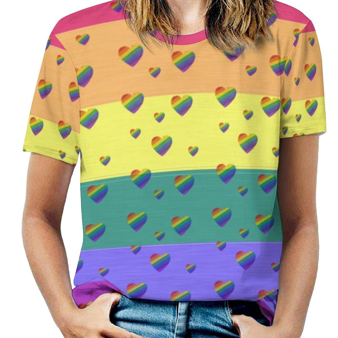 Lgbt Pride Rainbow 3D T Shirt/ Hearts Pattern Short Sleeve 3D Shirt For Lesbian Girl
