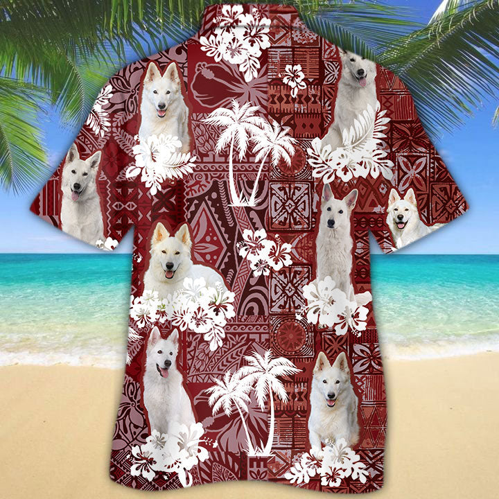 White German Shepherd Hawaiian Shirt/ Cute Dog Hawaii Shirt Red Pattern