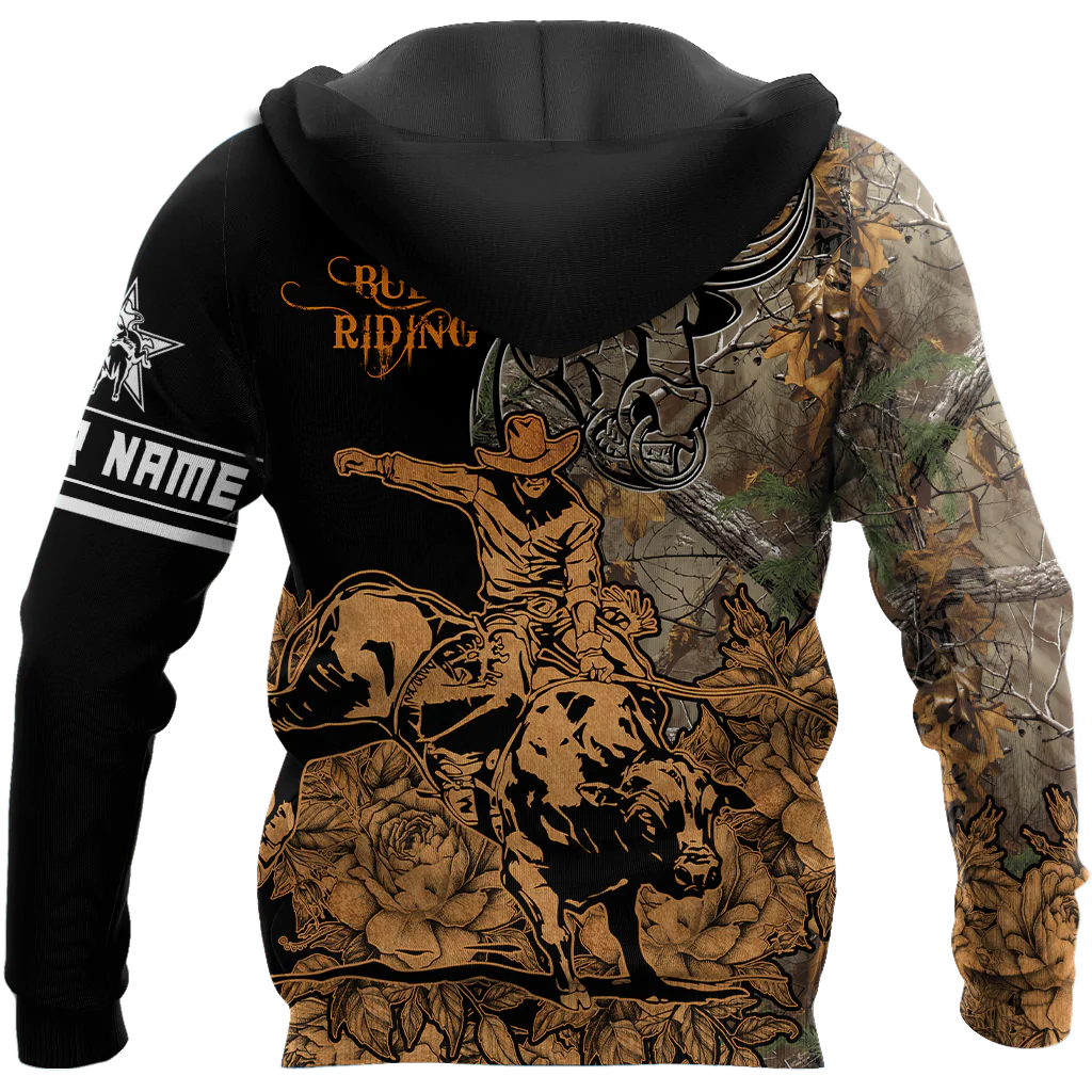 Personalized 3D Full Printed Bull Riding Hoodie Camo Pattern/ Bull Riding Art On Hoodies