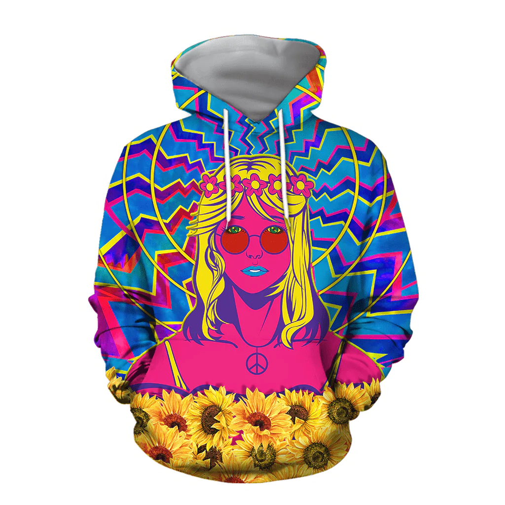 Hippie Girl With Sunflower Peace Sign All Over Printed Unisex Hoodie/ Women Hippie Hoodie Hippie Gift For Her