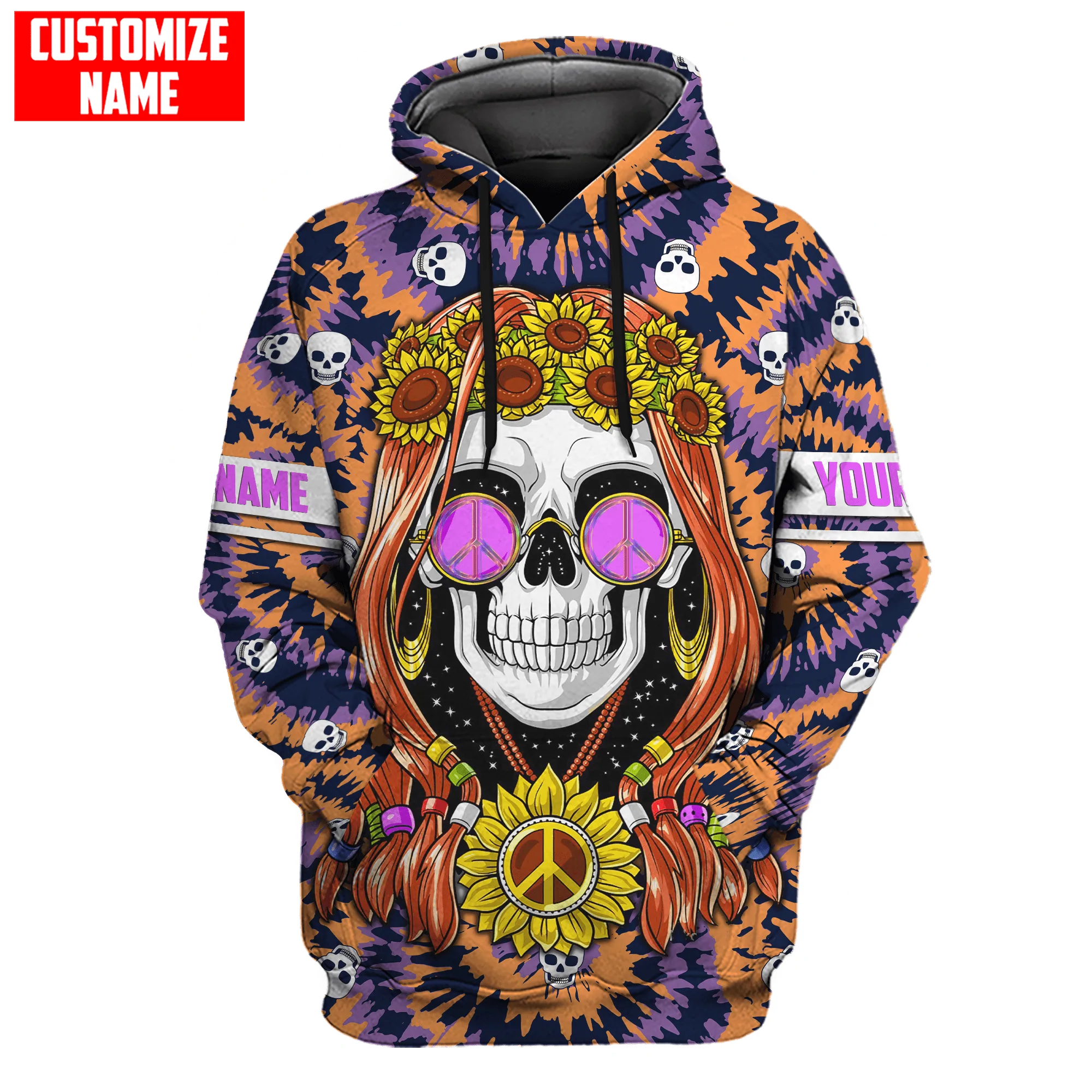 Personalized Name Skull Hippie Girl With Sunflower Peace Sign 3D Printed Unisex Hoodie