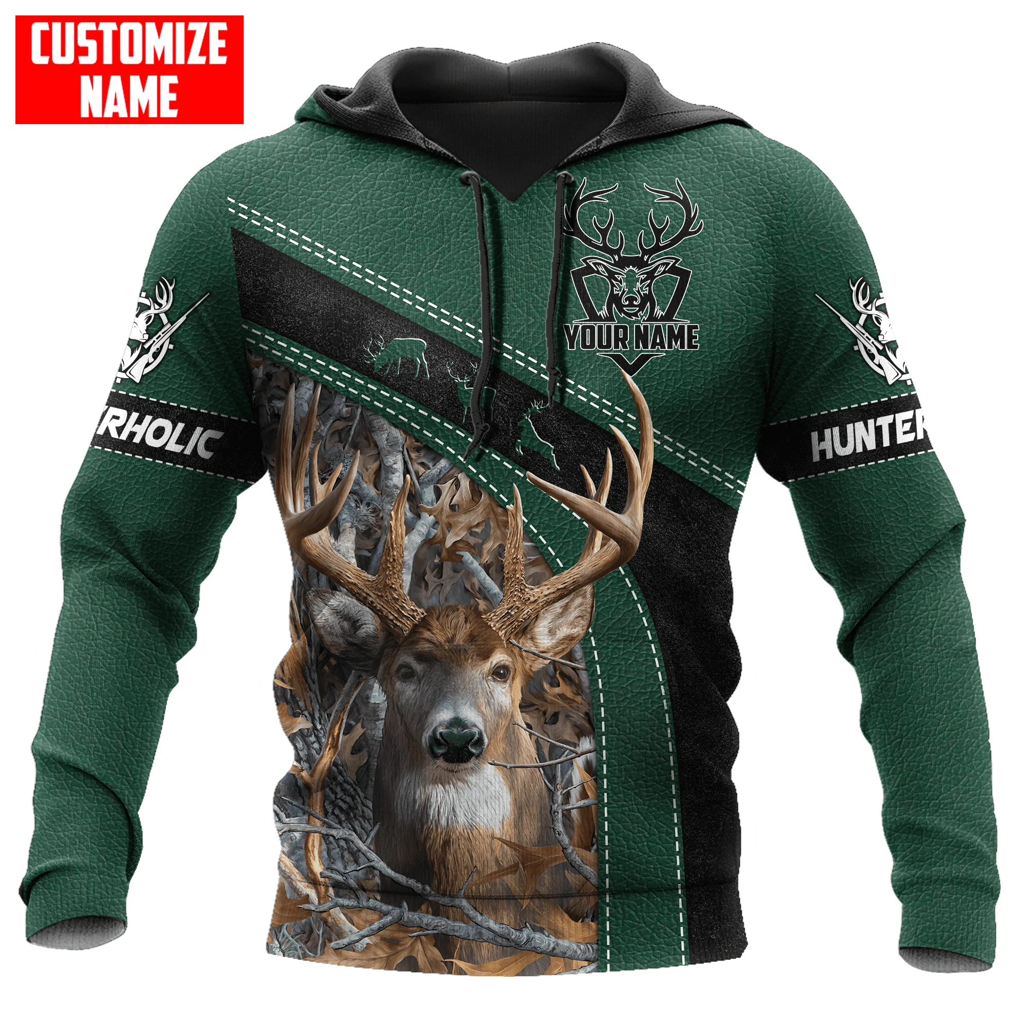 Personalized Hunting Green Leather Pattern Hoodie/ Hunting Hoodie/ Deer Hunter Hoodie For Men Women