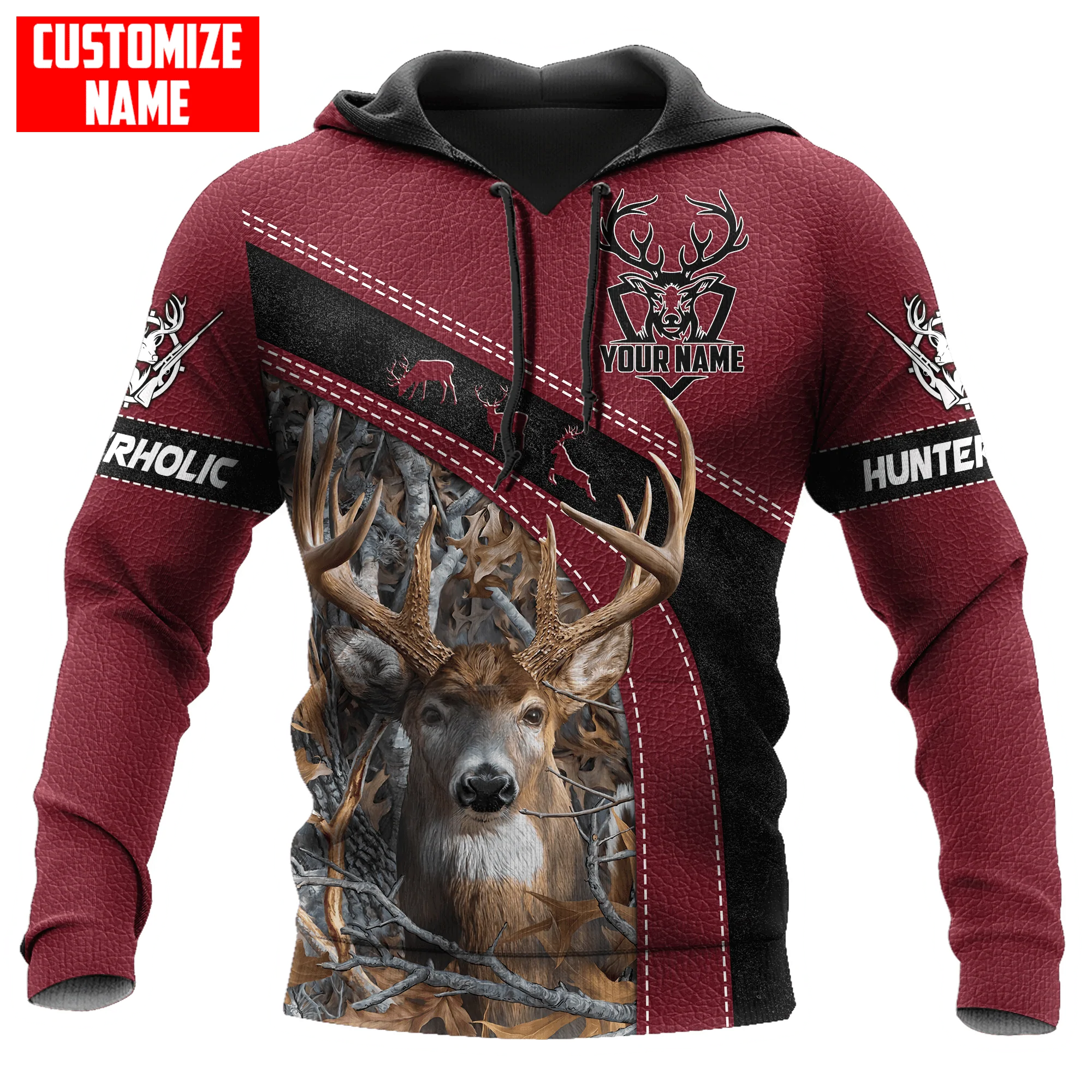 Personalized Hunting Red Leather Pattern Hoodie/ Hunting Hoodie/ Deer Hunter Hoodie Men Women