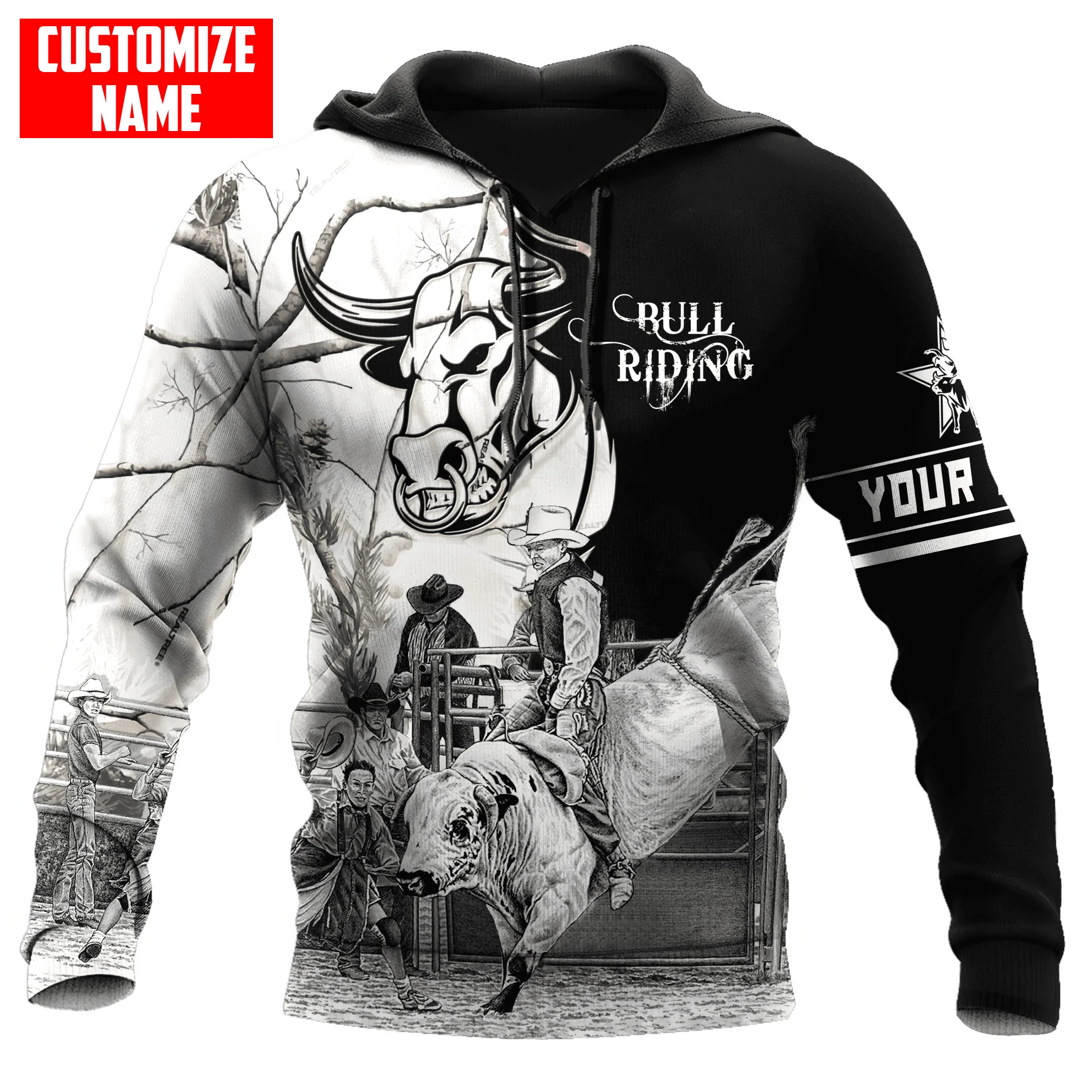 Personalized Name Bull Riding Unisex Hoodie Black And White Bull Rider Hoodie 3D Full Print