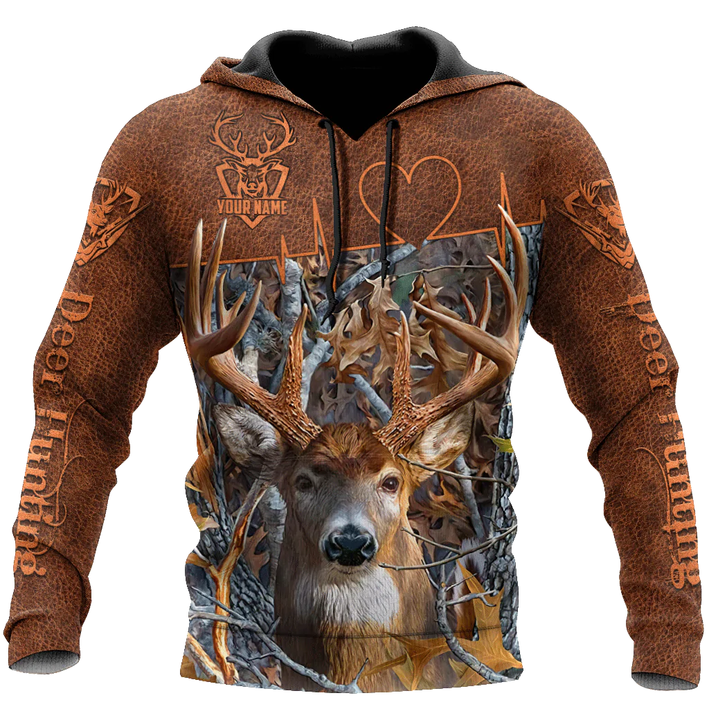 Custom Deer Hunting Hoodie With Name/ 3D Full Print Deer Hunting Brown Leather Pattern Hunter Hoodies