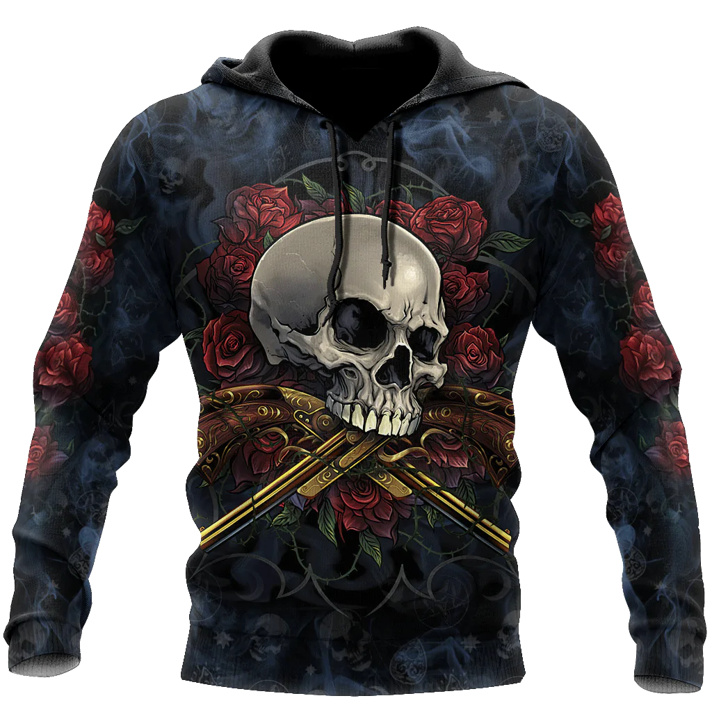 Skull Rose And Bang 3D All Over Printed Hoodie/ Winter Skull Clothing/ Skull Smoke Hoodie For Dad