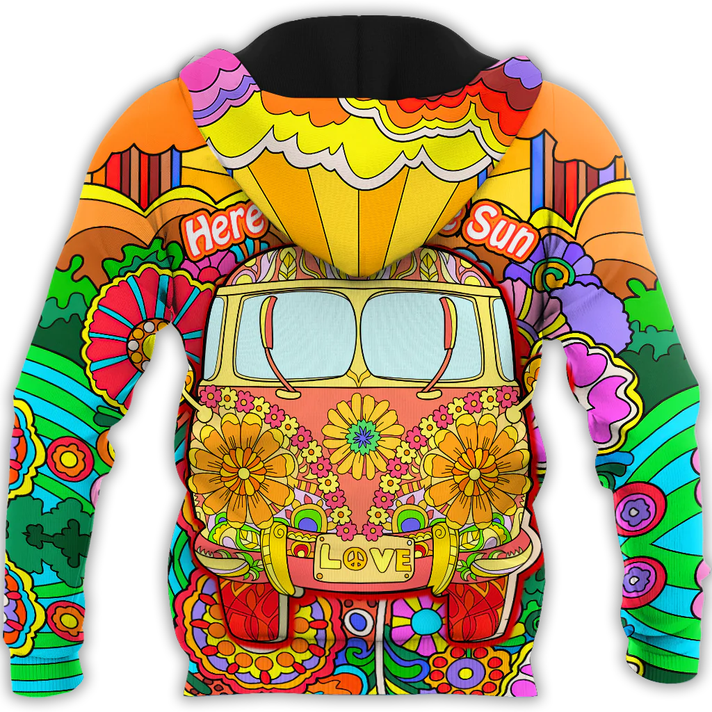 Hippie Here Comes The Sun 3D Full Printed Hoodie/ Flower Patter Hippie Hoodie/ Hippie Lover Gift