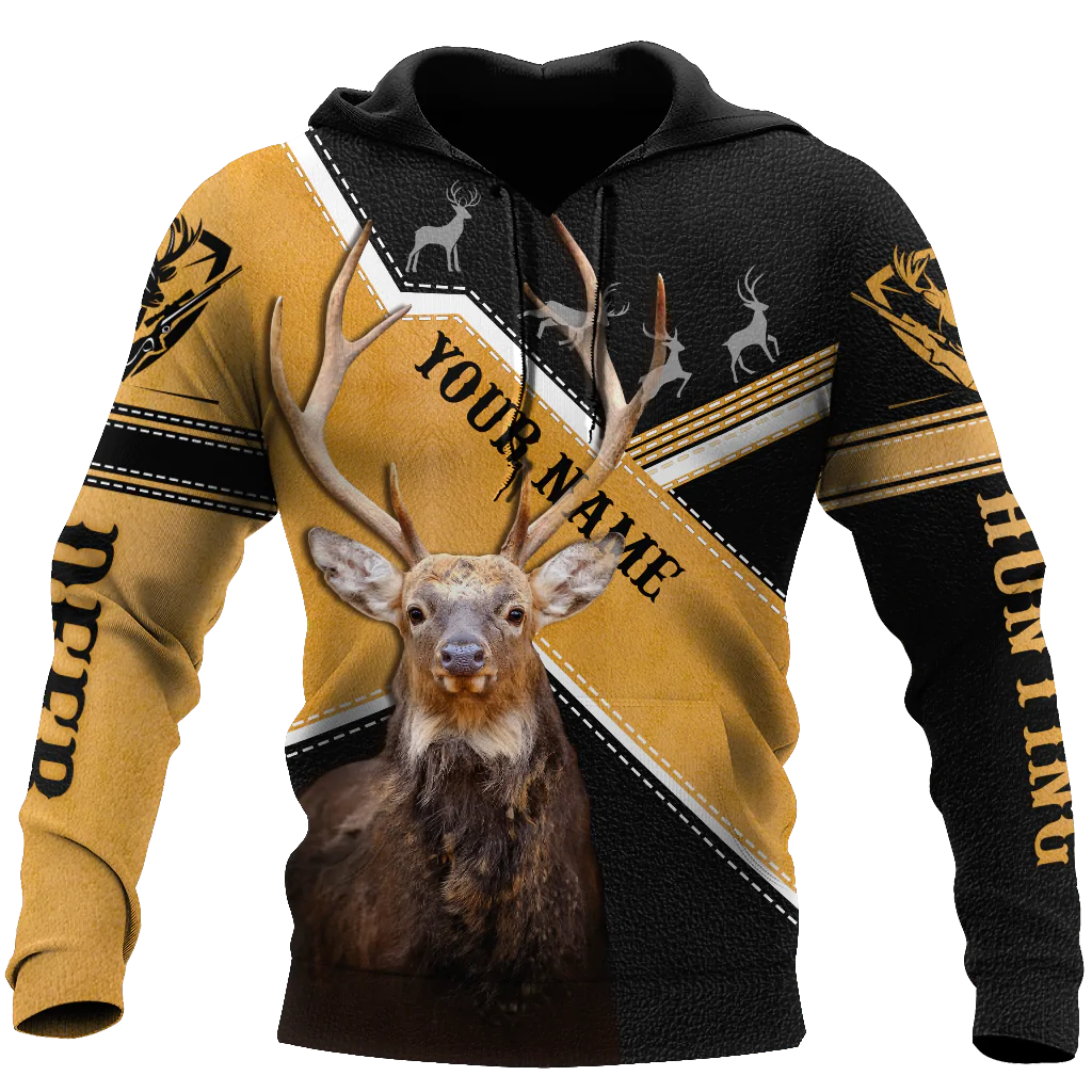 Custom Name Yellow And Black Deer Hunting Hoodie/ 3D Full Printed Hunting Hoodie Leather Pattern