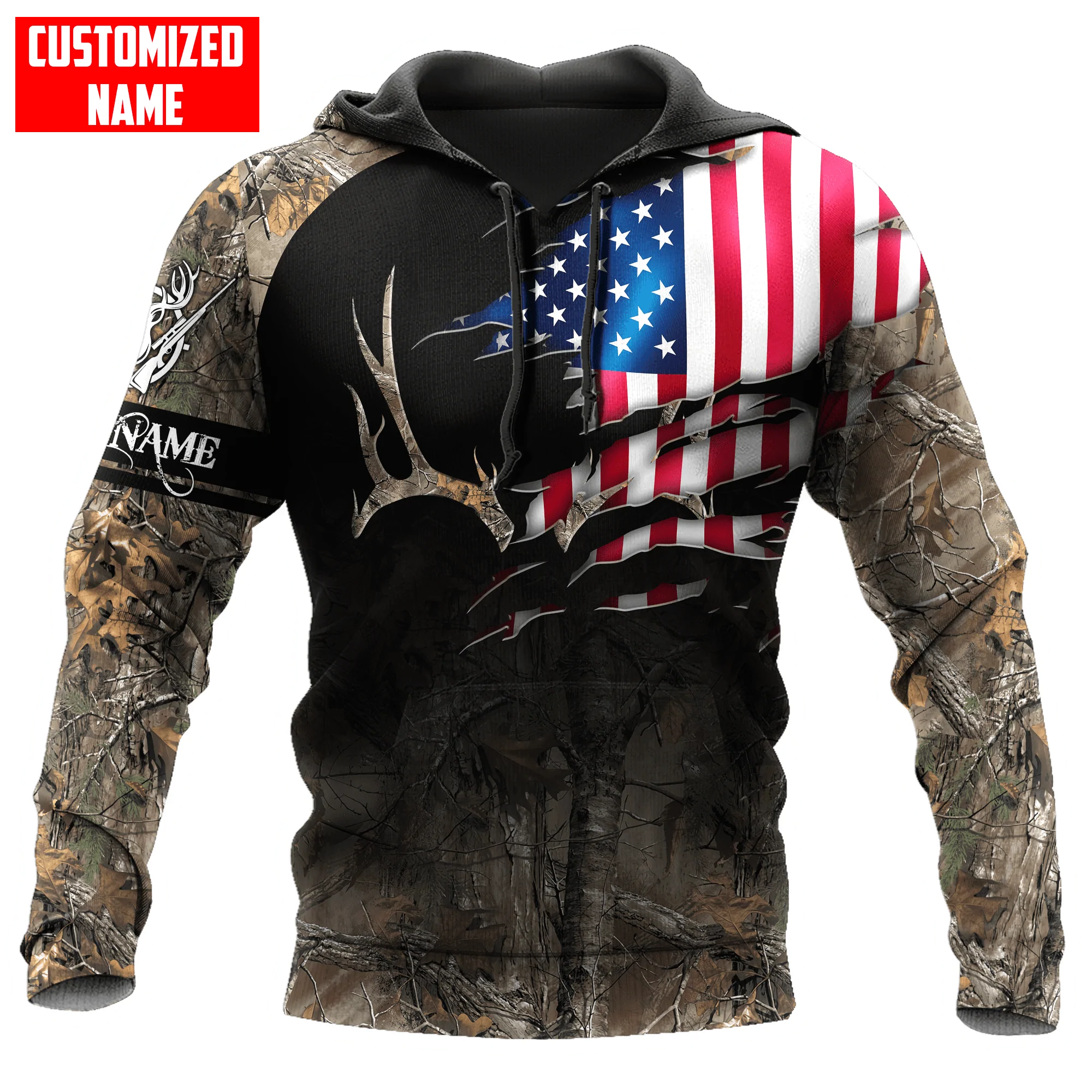 Custom Name American Hunting Hoodie/ Deer Hunting Usa Flag Camo Pattern Hoodies