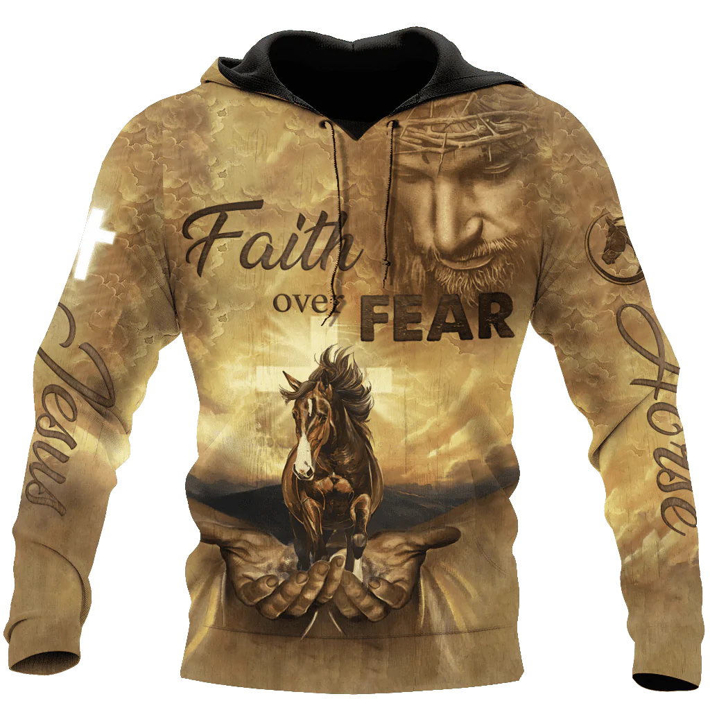 Horse Jesus Faith Over Fear 3D Printed Hoodie Horse Hoodie Jesus Hoodie