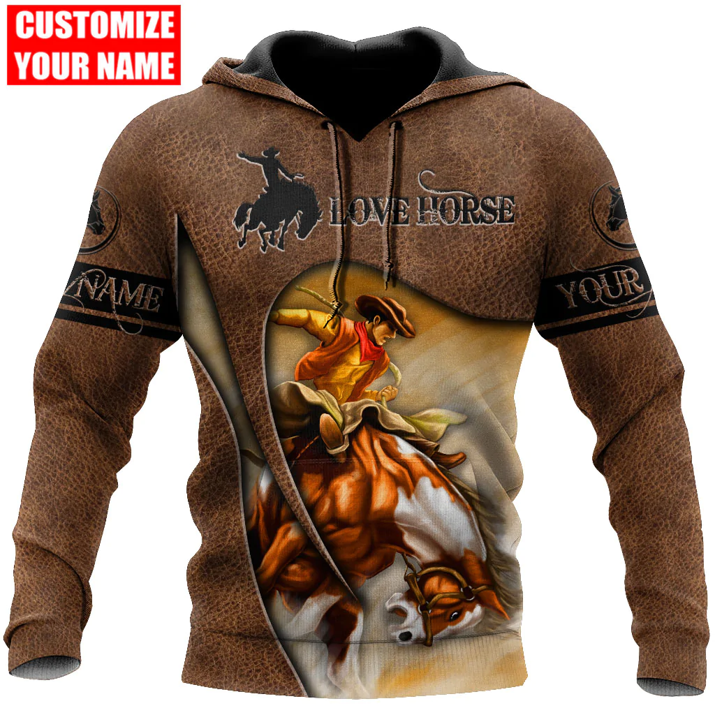 Custom Name Love Horse Hoodie Leather Pattern/ 3D All Over Print Horse Racing Hoodie For Him Her