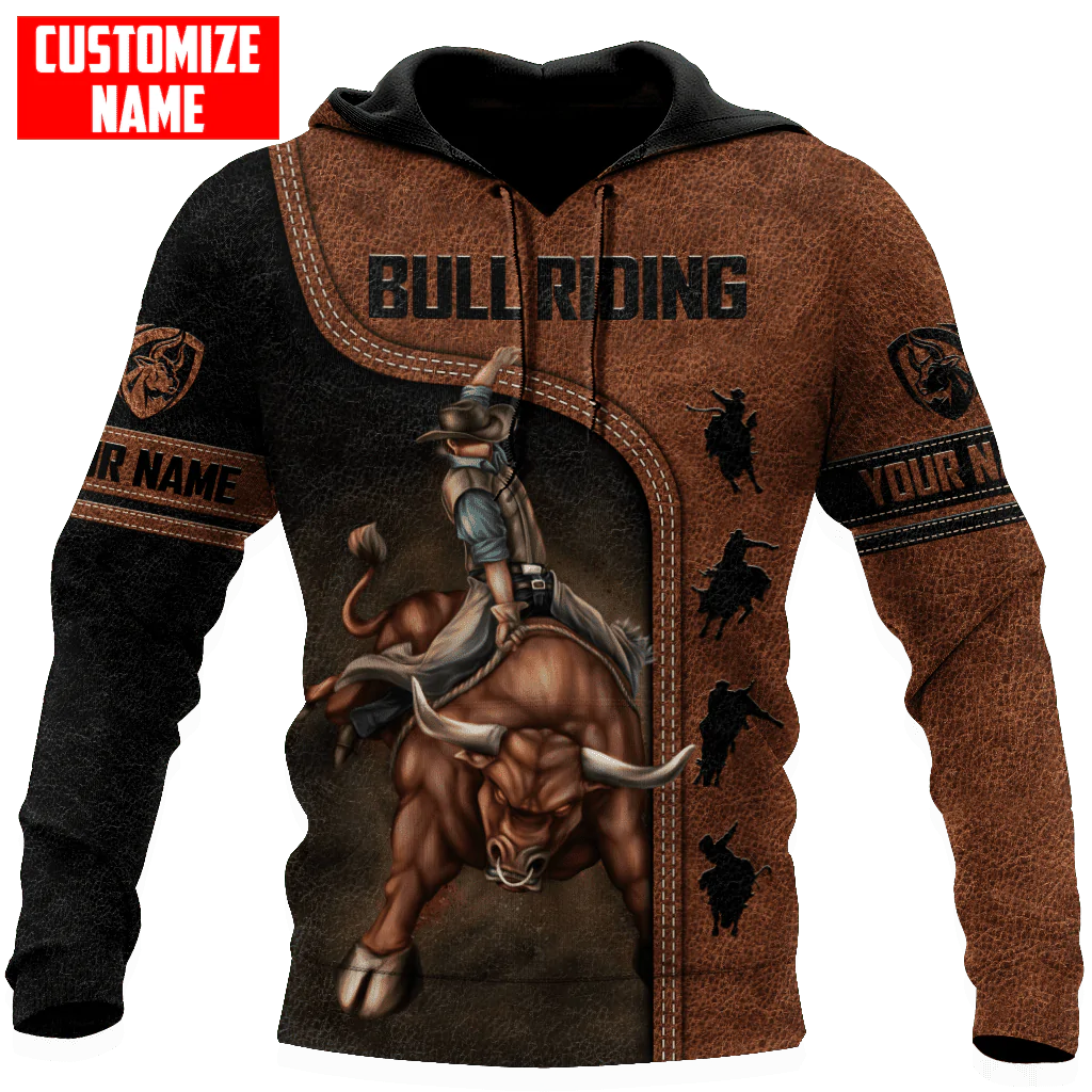 Custom Name 3D All Over Print Bull Riding Hoodie Brown Leather Pattern Cowboy Lover Gifts