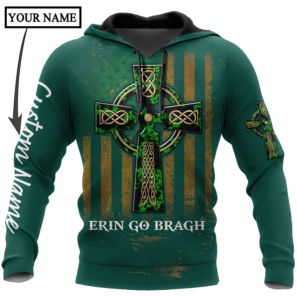 Custom Name Celtic Cross Flag American Erin Go Bragh Shirt/ Personalized St Patrick''s Day 3D Shirt