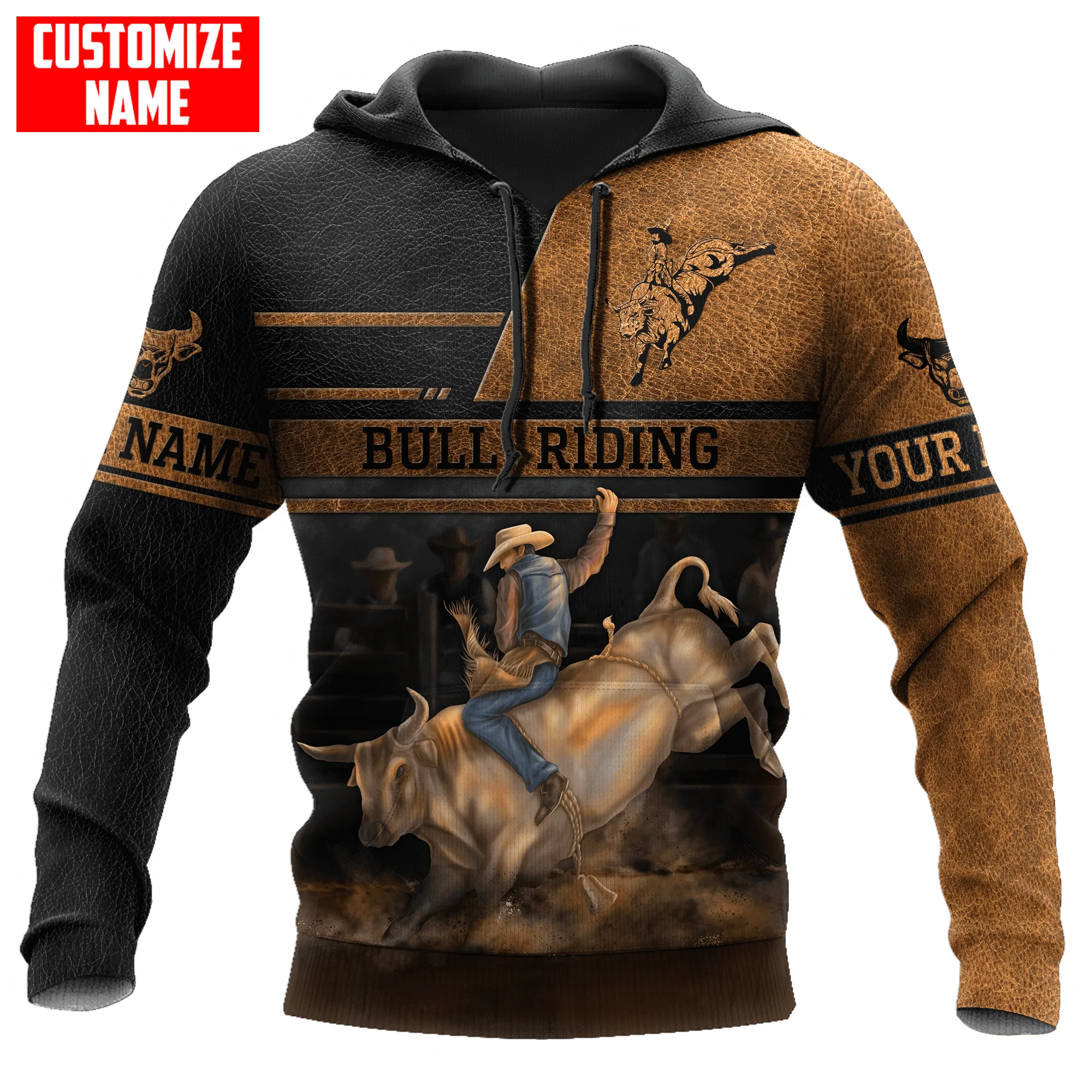Personalized Bull Riding Brown Line Hoodie/ 3D All Over Printed Leather Pattern Cowboy Hoodie