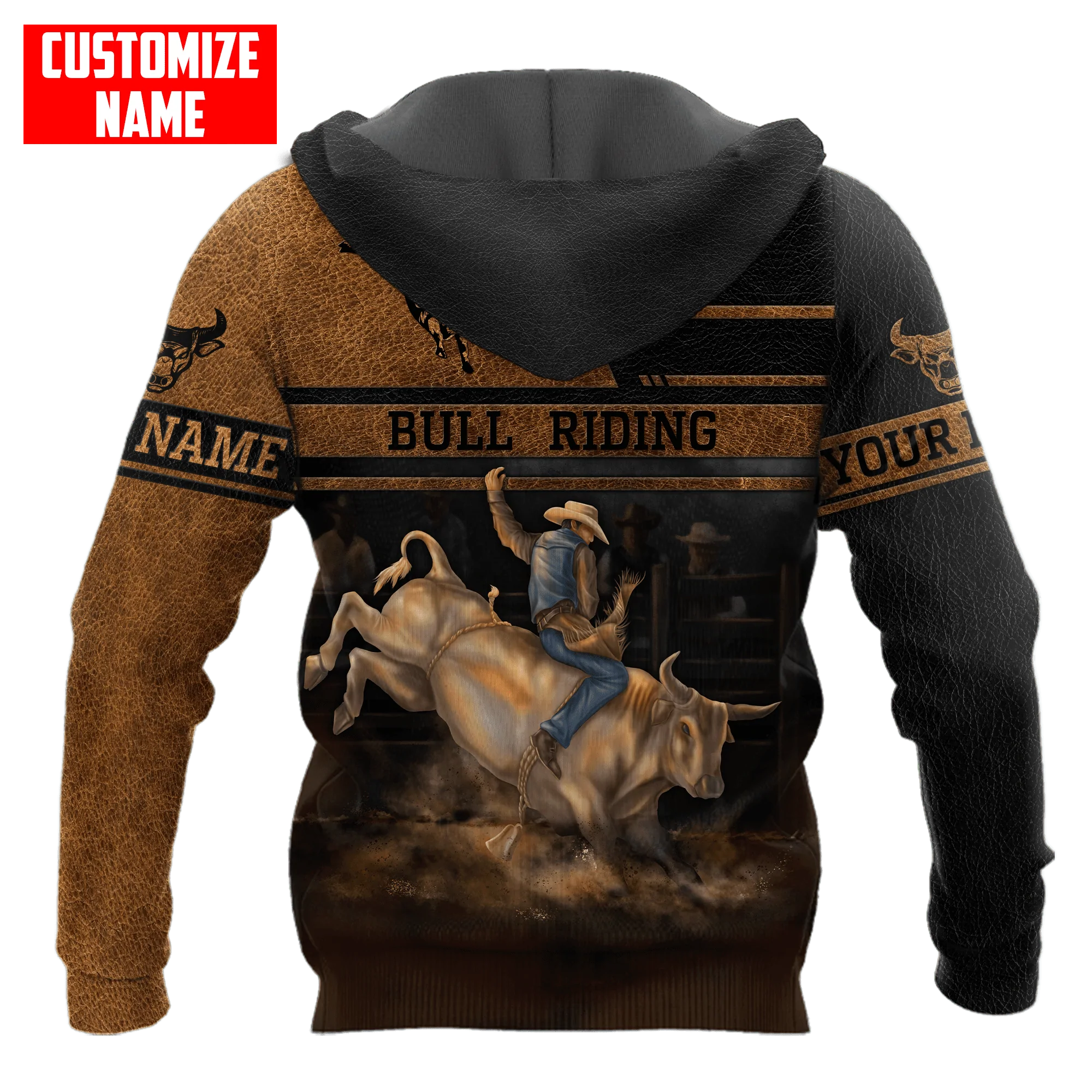 Personalized Bull Riding Brown Line Hoodie/ 3D All Over Printed Leather Pattern Cowboy Hoodie