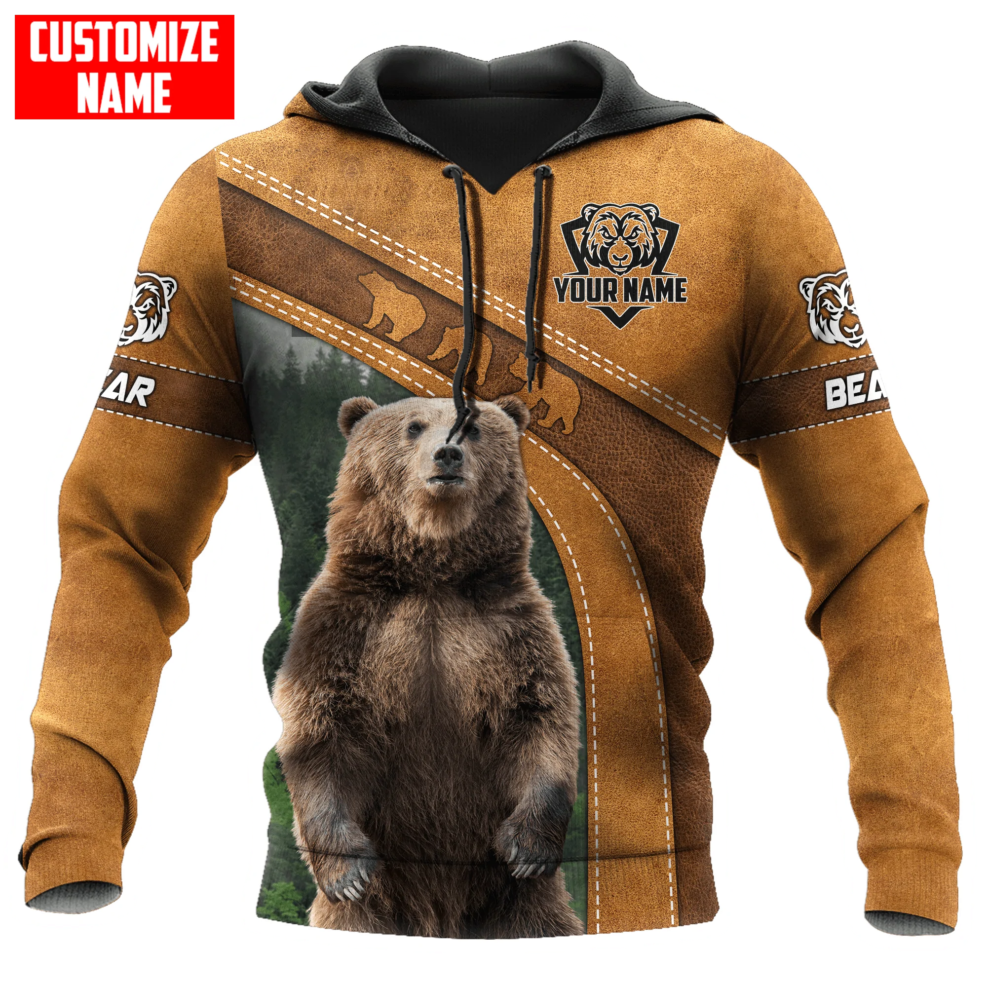 Custom Name Bear On Hoodie/ Bear Hoodie/ Cool Bear Leather Pattern Hoodie For Bear Lovers