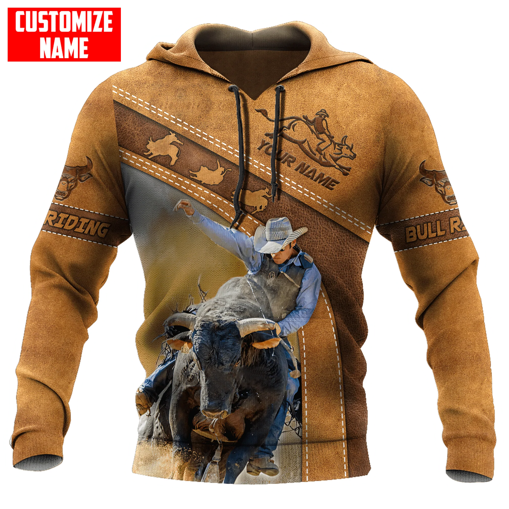 Personalized Bull Riding Hoodie Brown Leather Pattern/ Cool Bull Riding Gift For Him Her