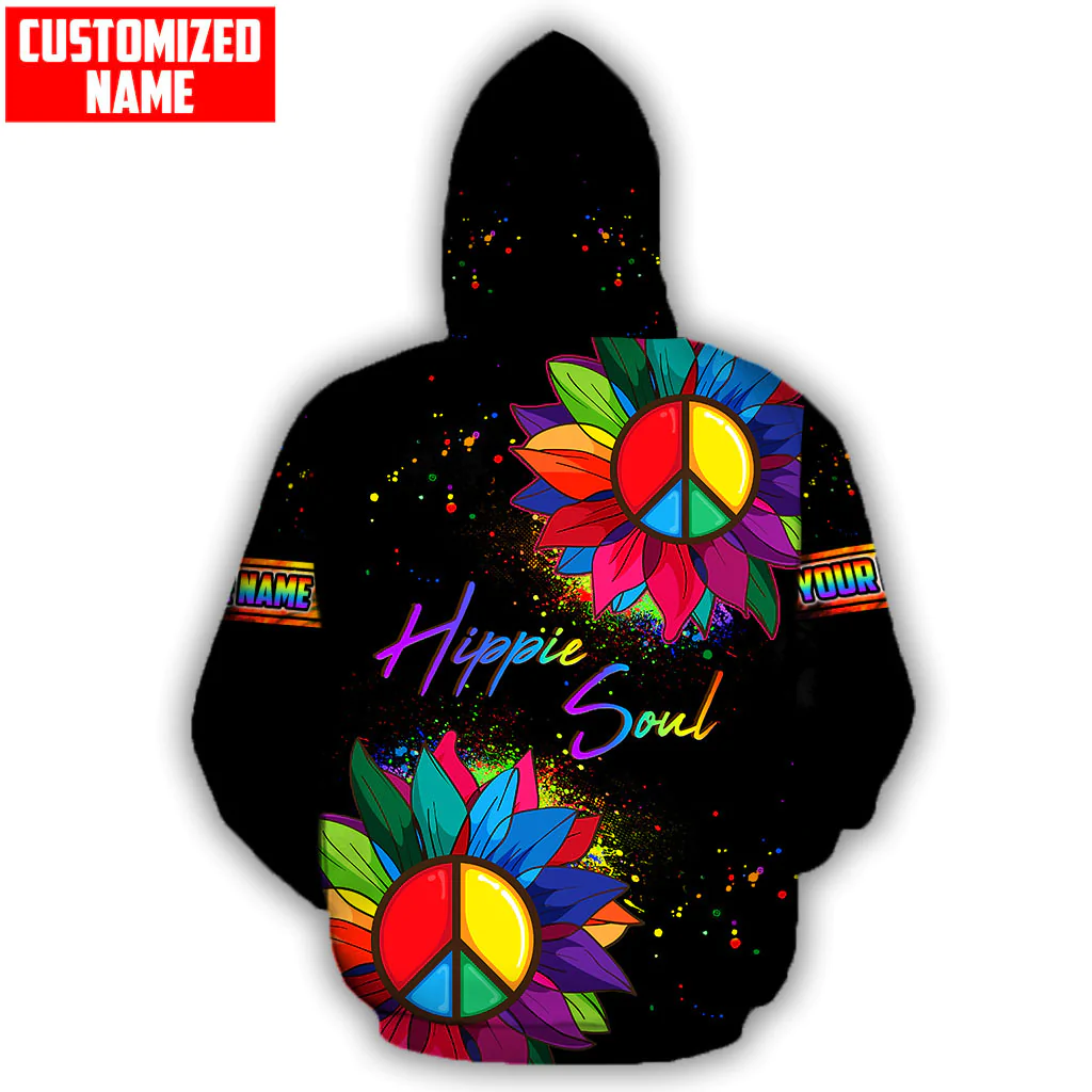 Personalized Name Hippie Sunflower Peace Sign/ Colorful Hippie Soul Hoodie