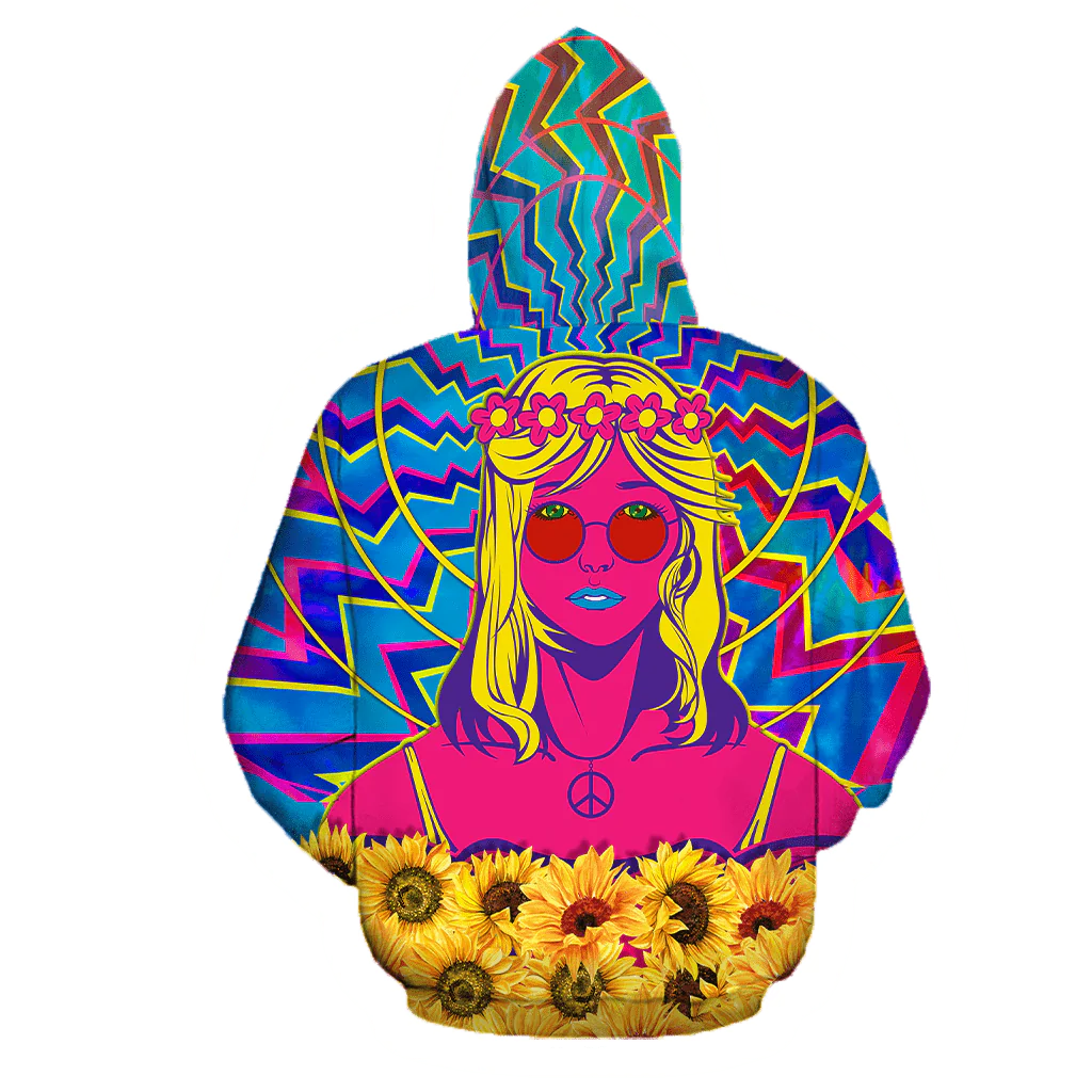 Hippie Girl With Sunflower Peace Sign All Over Printed Unisex Hoodie/ Women Hippie Hoodie Hippie Gift For Her