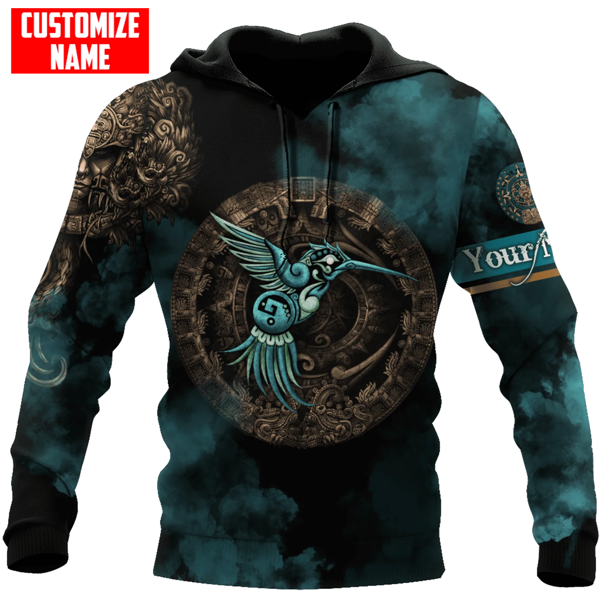 Personalized Mexico Aztec Blue Humingbird Unisex Hoodie/ 3D Aztec Mexican Hoodie/ Aztec Gift