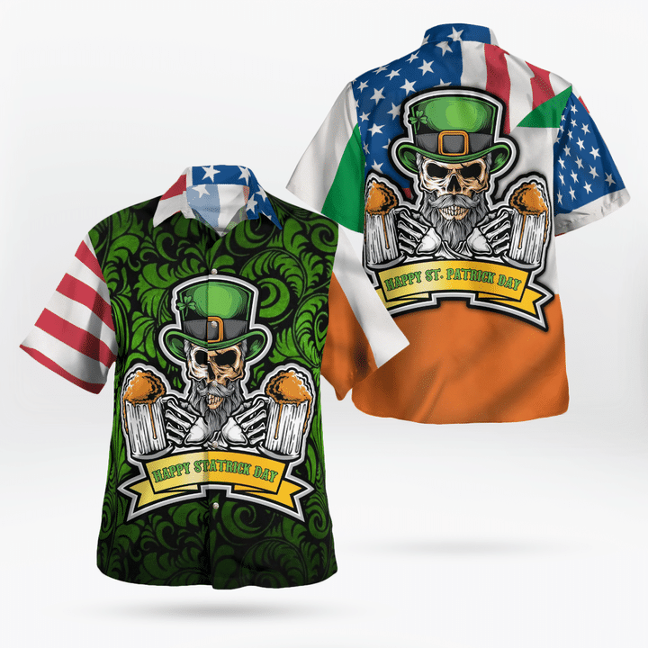Hawaiian Aloha Shirts/ American Irish Flag With Celtic Cross Drinking Skeleton Hawaii Shirt - Gift For Irish