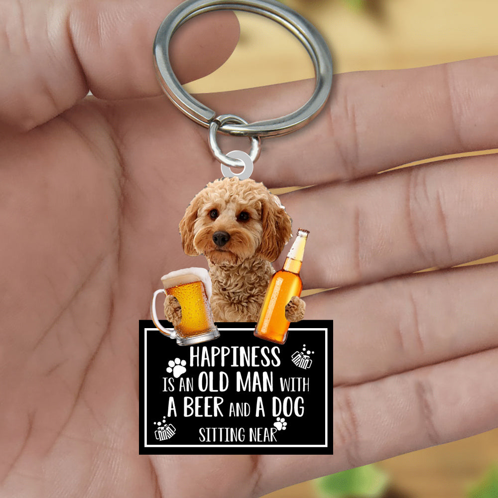 Cockapoo Happiness Is An Old Man With A Beer And A Dog Sitting Near Acrylic Keychain