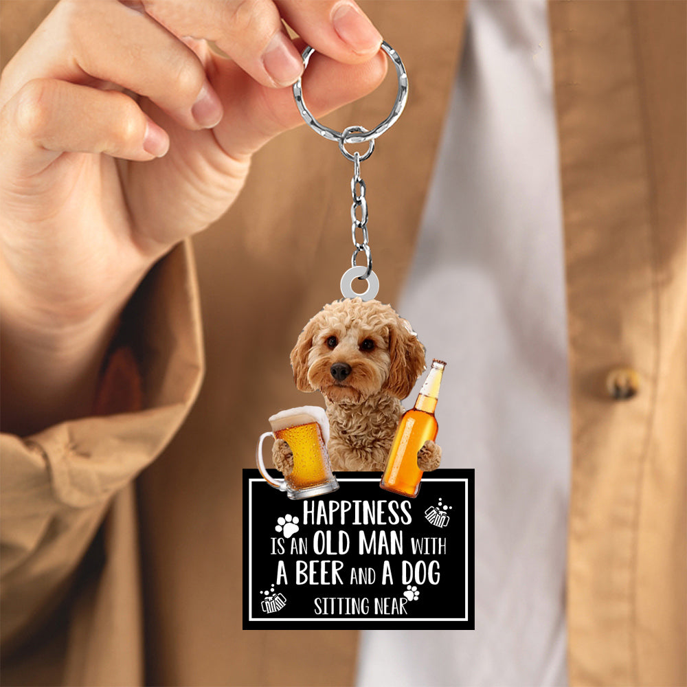 Cockapoo Happiness Is An Old Man With A Beer And A Dog Sitting Near Acrylic Keychain