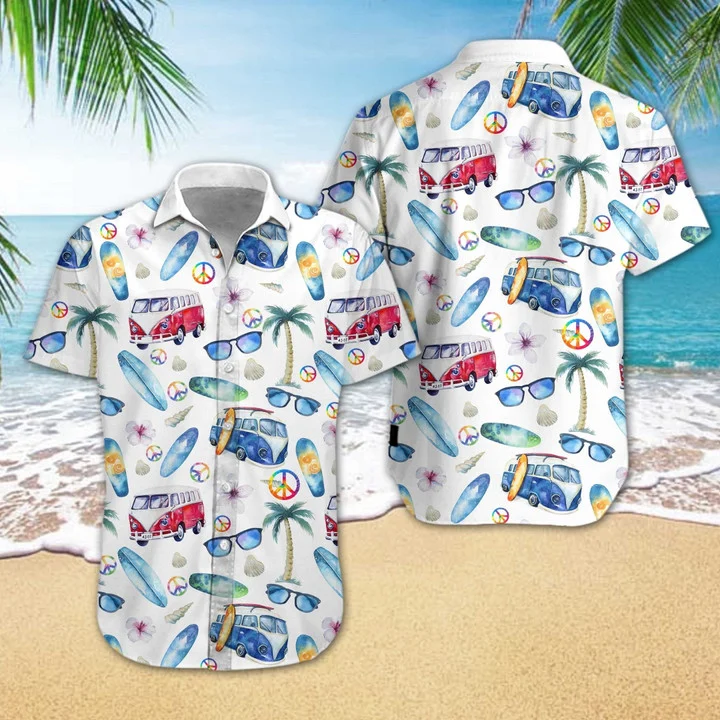 Adorable Hippie Car Beach Design Hawaiian Shirt
