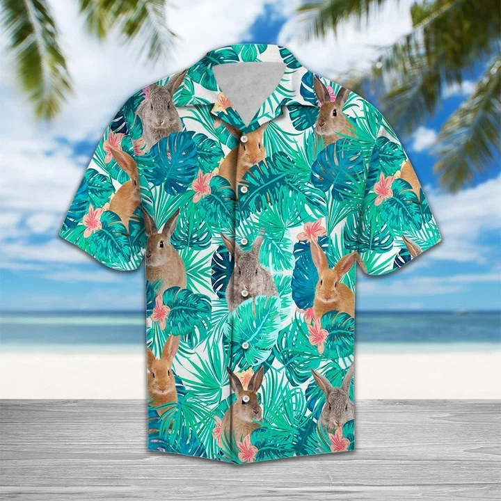 Adorable Rabbit Tropical Lost In Lively Palm Leaves Hawaiian Shirt/ Summer aloha hawaii shirt for Men women