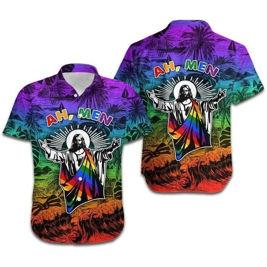 Ah Men Funny Jesus Lgbt Pride Aloha Hawaiian Shirt/ Lgbtqia2S+ Hawaiian Shirt