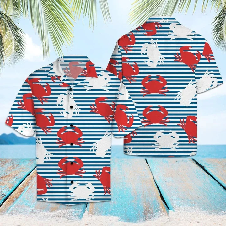 Amazing Crab On Blue Striped Pattern Hawaiian Shirt