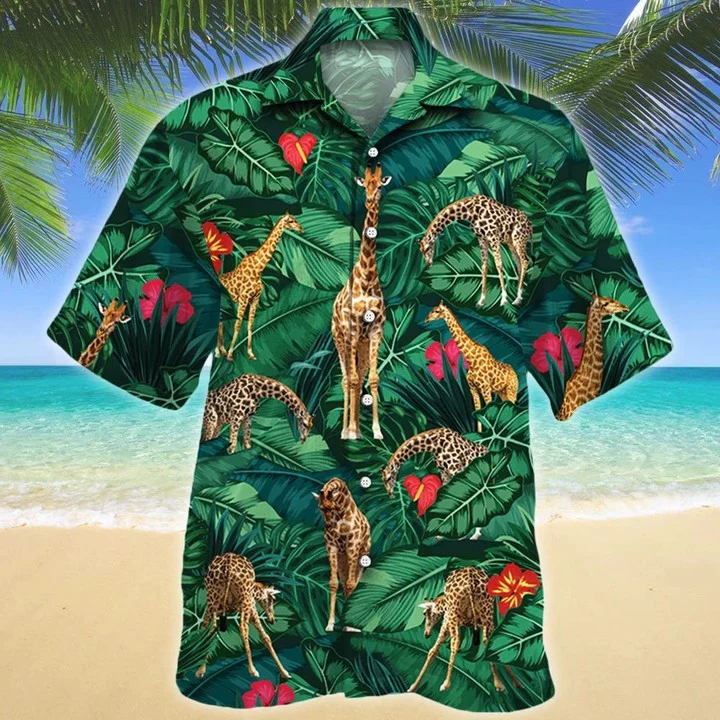 Amazing Green Leaves And Giraffe Lovers Gift Design Hawaiian Shirt