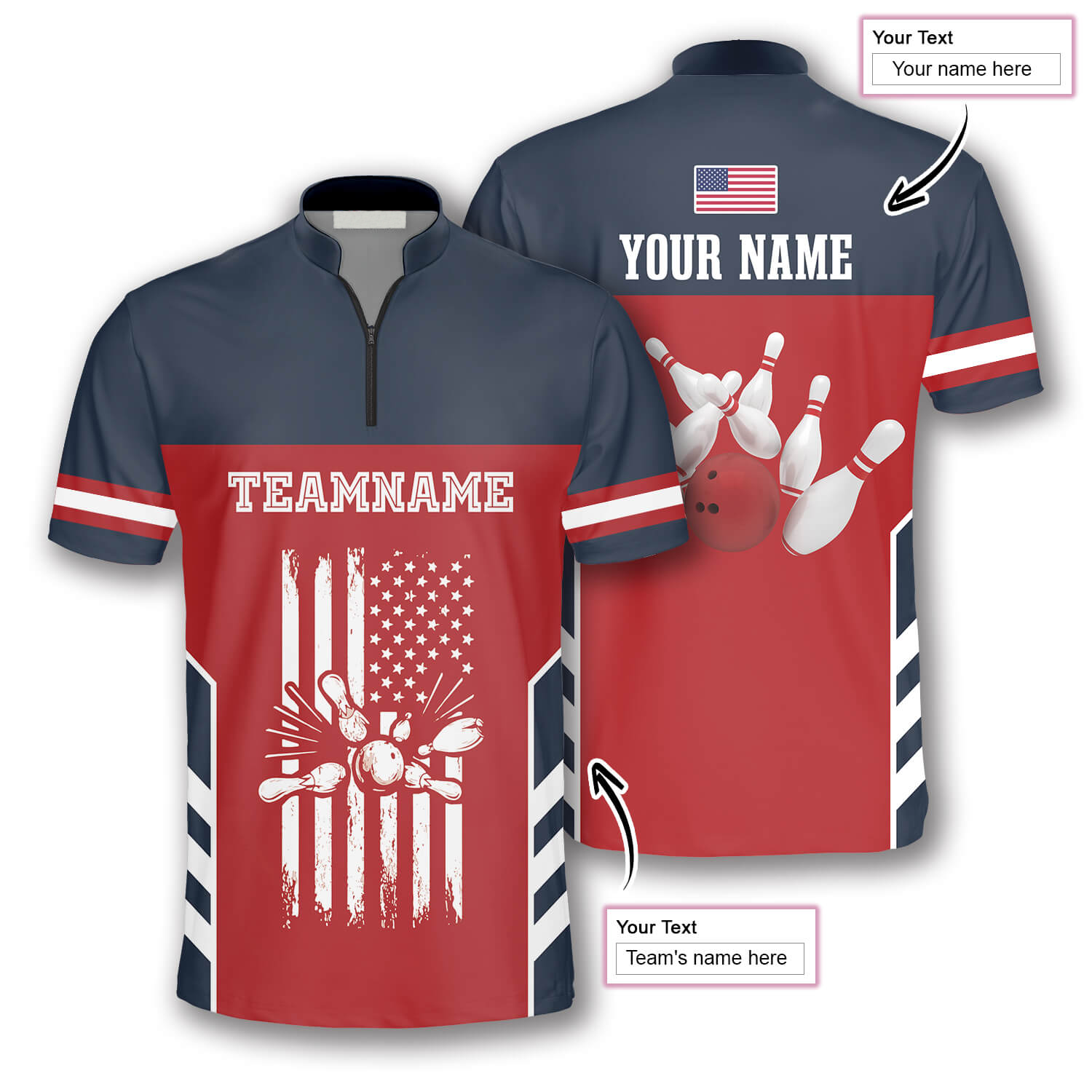 American Flag Red Navy Custom Bowling Jerseys for Men/ Personalized Bowling Jersey Shirt/ Flag Shirt