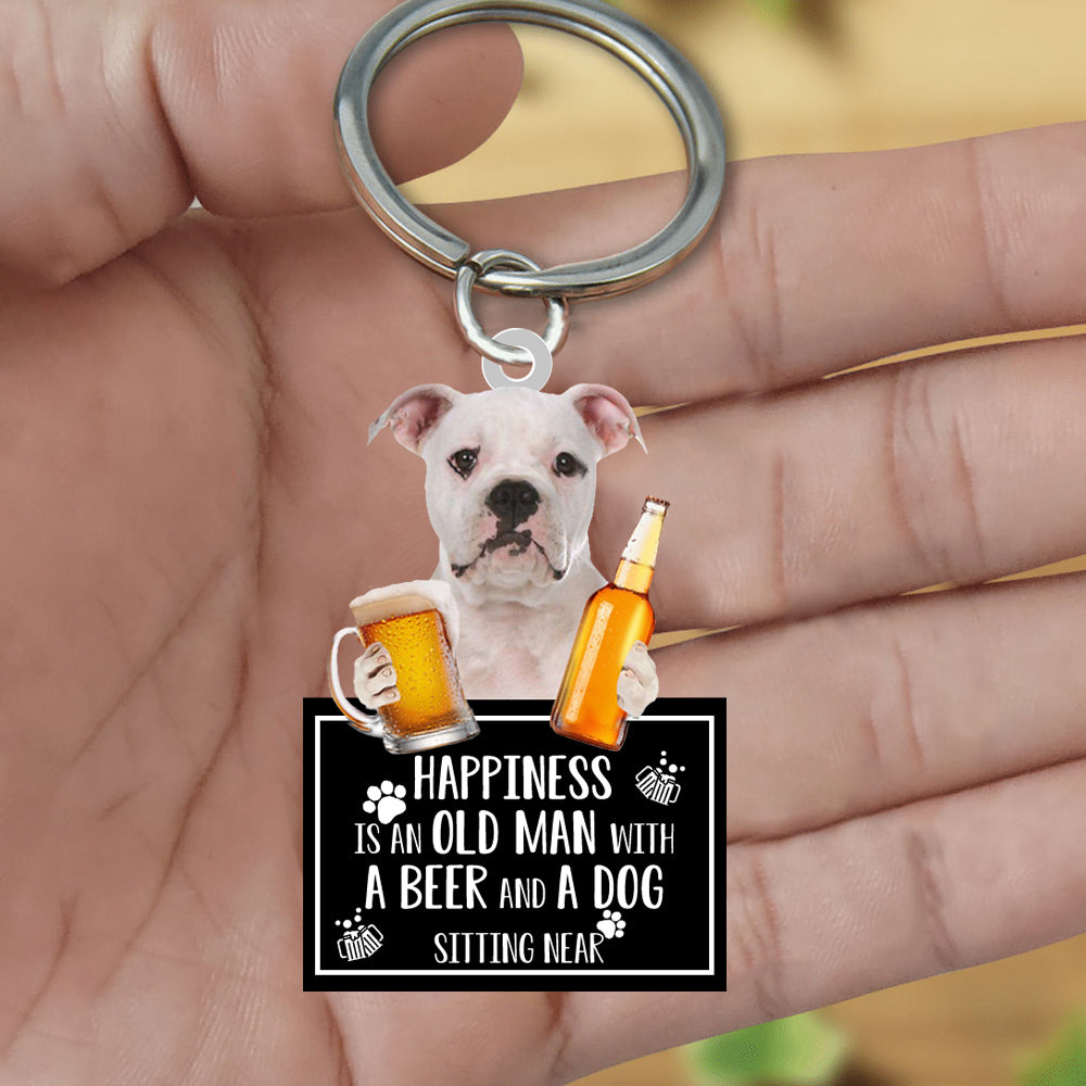 American Bulldog Happiness Is An Old Man With A Beer And A Dog Sitting Near Acrylic Keychain
