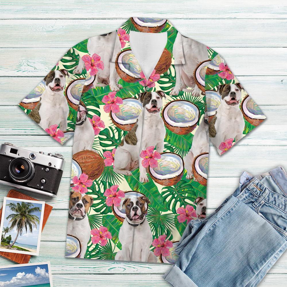 American Bulldog Tropical Coconut Hawaiian Shirt/ Dog Hawaiian Shirt Men/ Short Sleeve Hawaiian Aloha Shirt