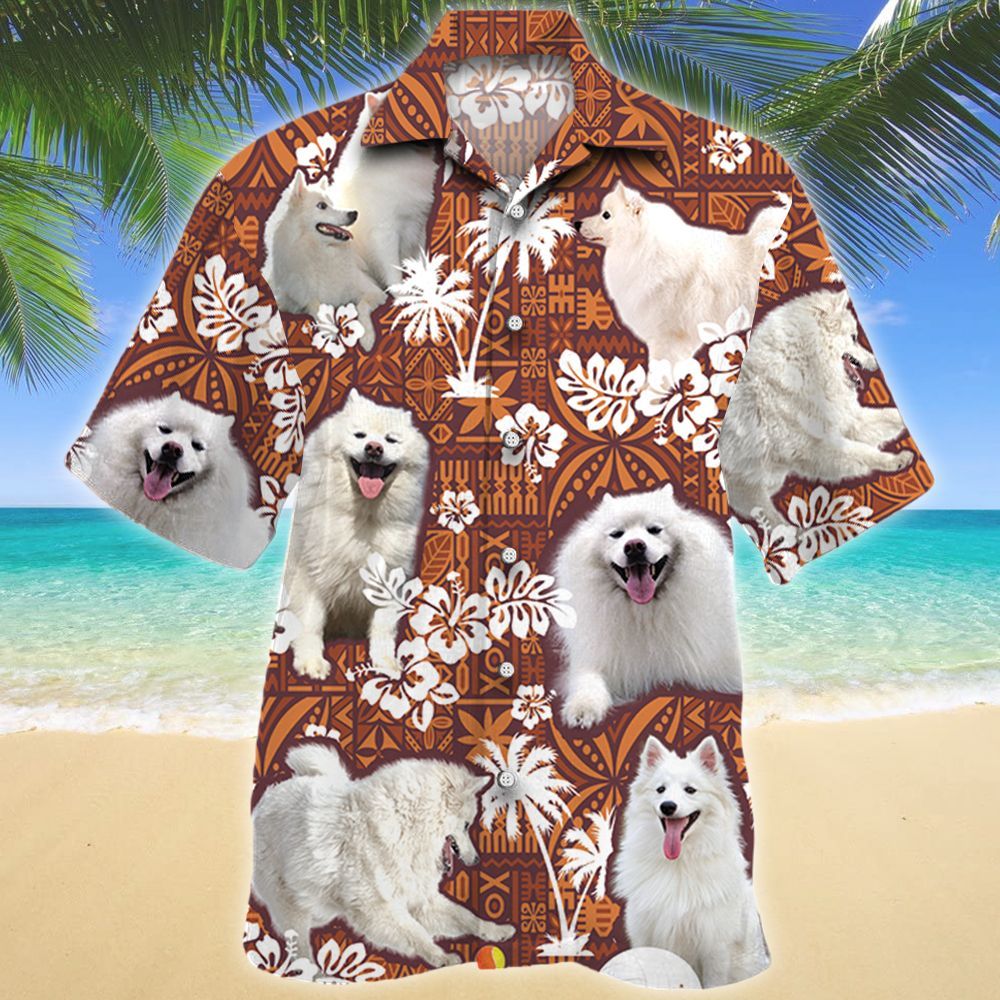 American Eskimo Dog Red Tribal Pattern Hawaii Shirt/ Dog Hawaiian Shirt Men/ Short Sleeve Hawaiian Aloha Shirt