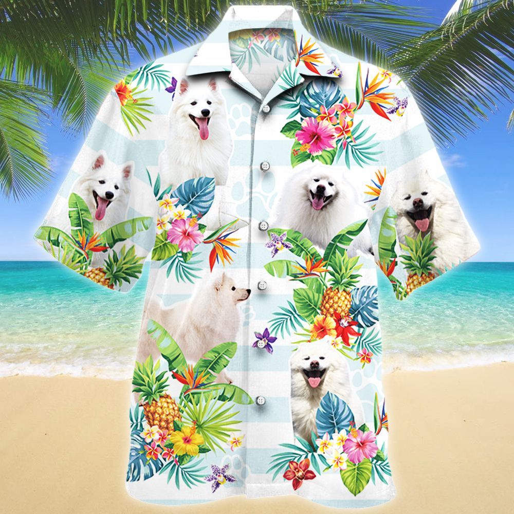 American Eskimo Dog Tropical Flower Hawaii Shirt/ Dog Hawaiian Shirt Men/ Short Sleeve Hawaiian Aloha Shirt