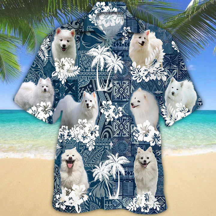 American Eskimo Hawaiian Shirt/ Dog Hawaiian Shirt Men/ Short Sleeve Hawaiian Aloha Shirt