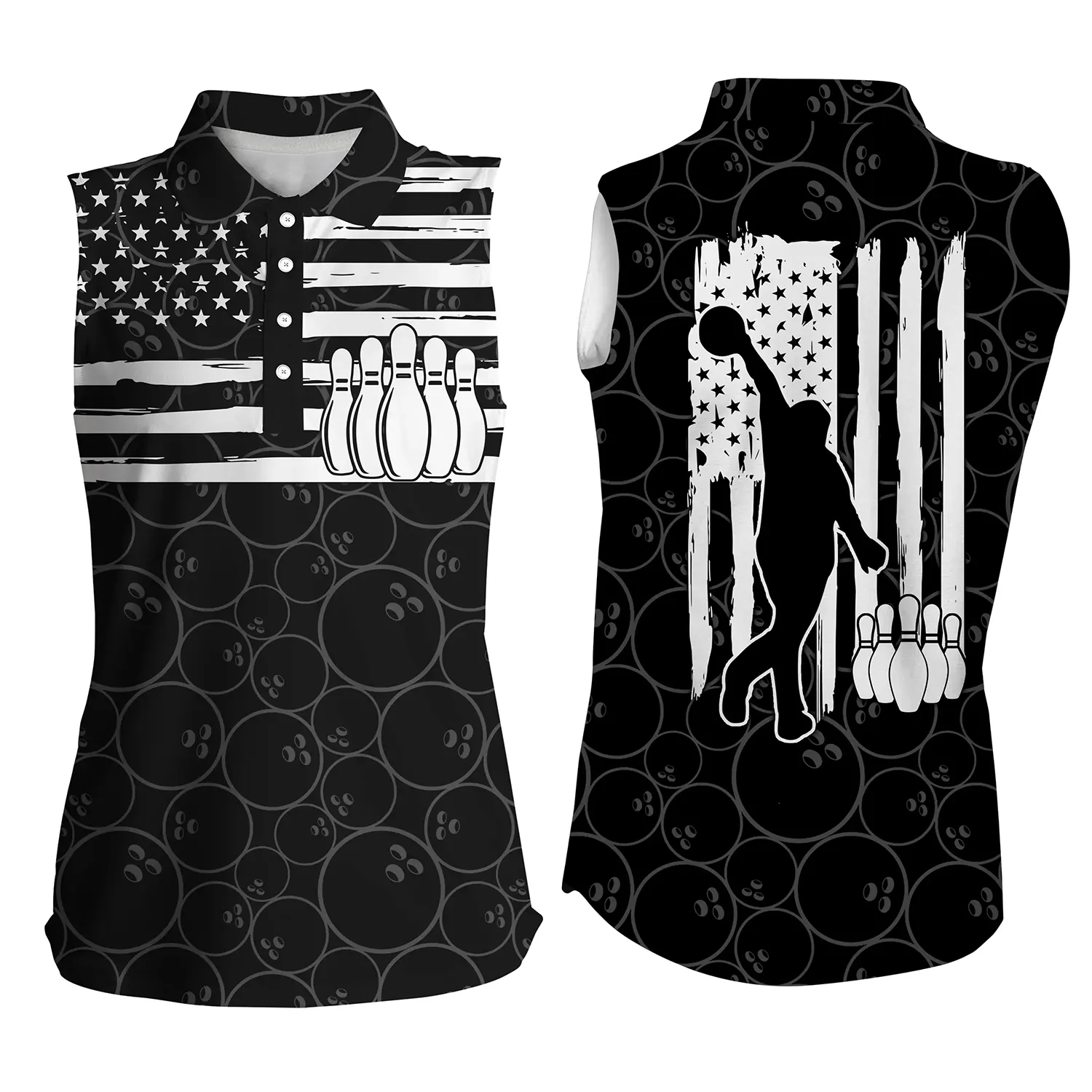 American flag patriotic black bowling pattern bowling Sleeveless polo shirts for women