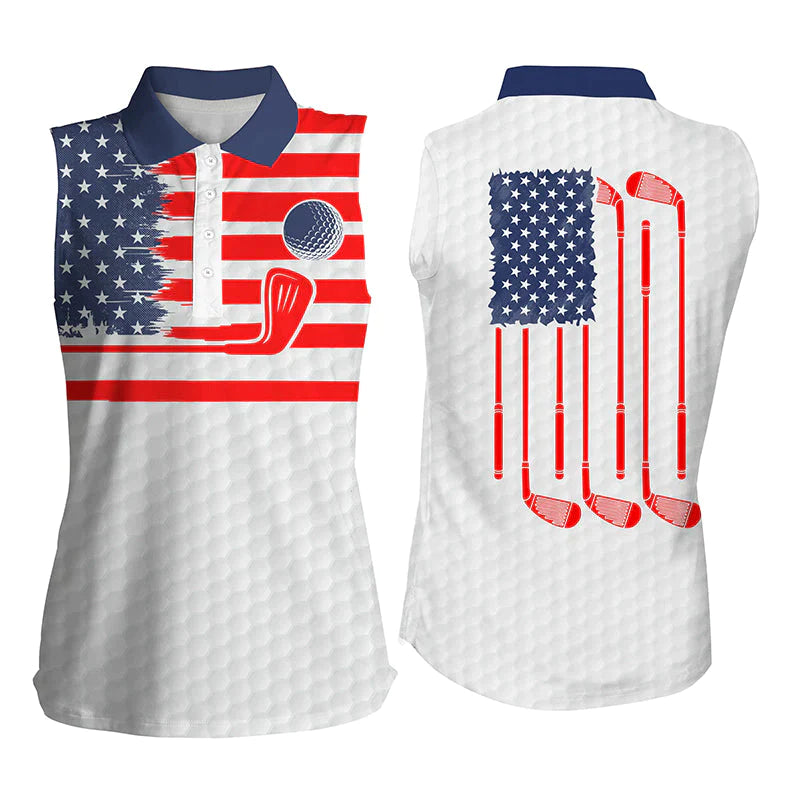 American flag patriotic womens sleeveless polo shirt blue golf polo shirt/ unique golf gifts