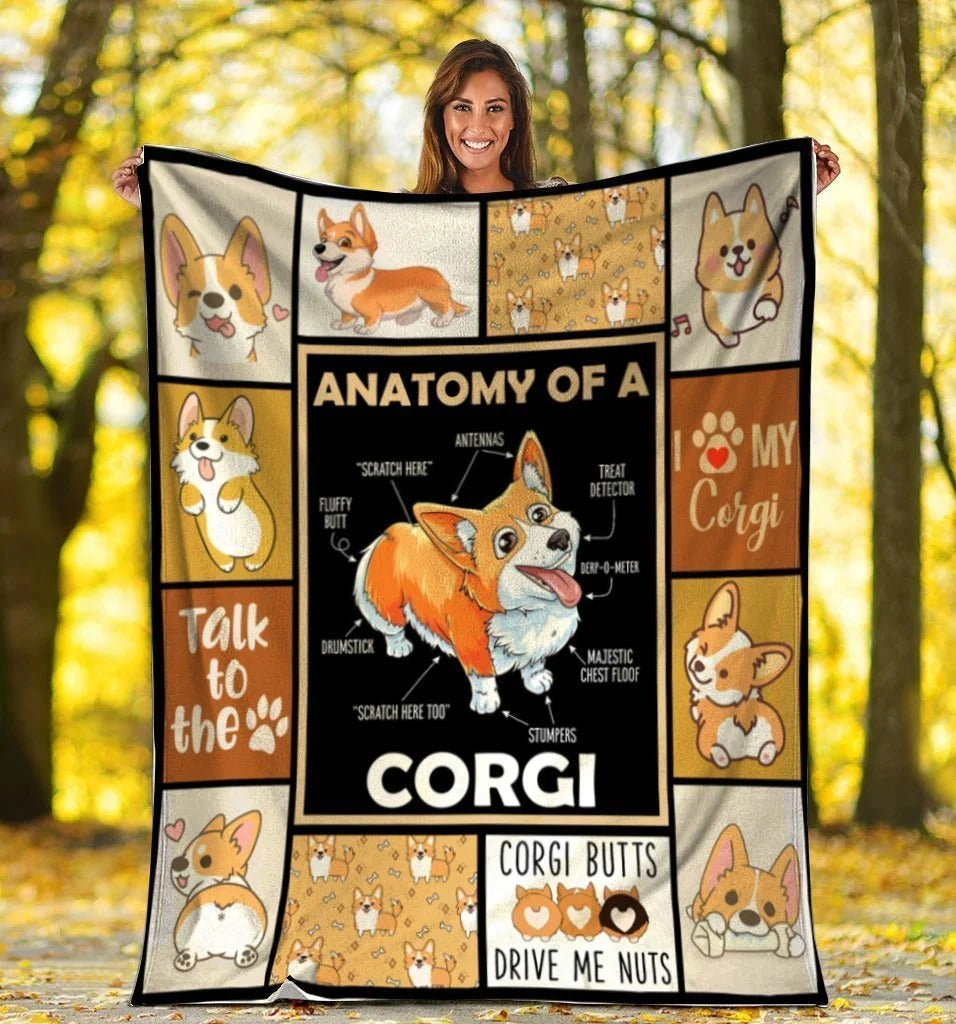 Funny Cute Corgi Dog Soft Blanket/ Anatomy Of A Corgi Dog Fleece Blanket